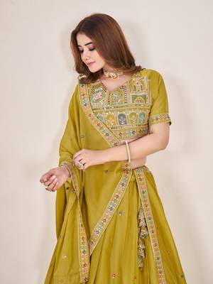 YELLOW SEQUINS THREAD EMBROIDERED GEORGETTE SEMI STITCHED LEHENGA 3