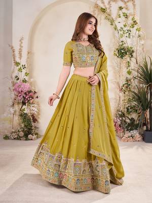 YELLOW SEQUINS THREAD EMBROIDERED GEORGETTE SEMI STITCHED LEHENGA 5