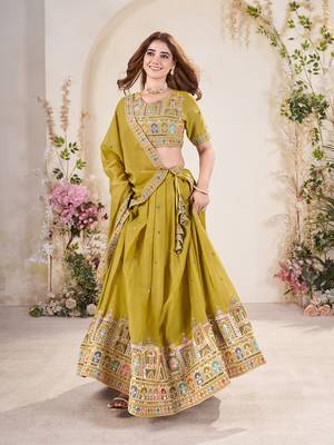 YELLOW SEQUINS THREAD EMBROIDERED GEORGETTE SEMI STITCHED LEHENGA 6