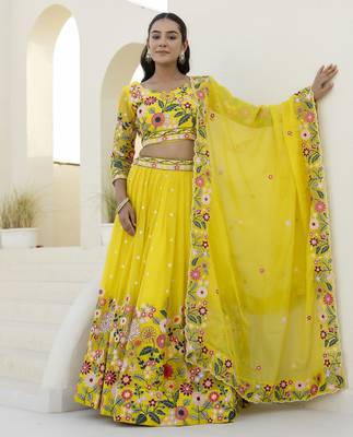 YELLOW THREAD SEQUINS EMBROIDEREY ORGANZA  SEMI STITCHED LEHENGA 1