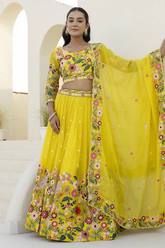 YELLOW THREAD SEQUINS EMBROIDEREY ORGANZA  SEMI STITCHED LEHENGA