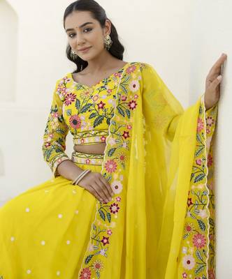 YELLOW THREAD SEQUINS EMBROIDEREY ORGANZA  SEMI STITCHED LEHENGA 3