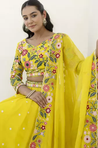 YELLOW THREAD SEQUINS EMBROIDEREY ORGANZA  SEMI STITCHED LEHENGA