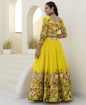 YELLOW THREAD SEQUINS EMBROIDEREY ORGANZA  SEMI STITCHED LEHENGA 4