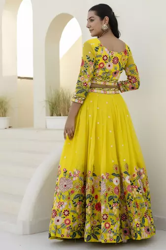 YELLOW THREAD SEQUINS EMBROIDEREY ORGANZA  SEMI STITCHED LEHENGA