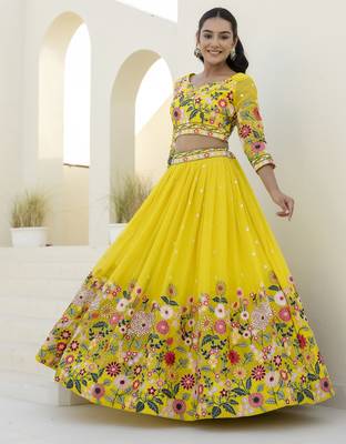 YELLOW THREAD SEQUINS EMBROIDEREY ORGANZA  SEMI STITCHED LEHENGA 5