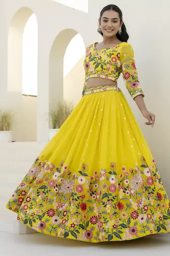 YELLOW THREAD SEQUINS EMBROIDEREY ORGANZA  SEMI STITCHED LEHENGA