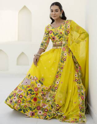 YELLOW THREAD SEQUINS EMBROIDEREY ORGANZA  SEMI STITCHED LEHENGA 6
