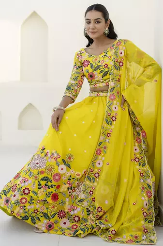 YELLOW THREAD SEQUINS EMBROIDEREY ORGANZA  SEMI STITCHED LEHENGA