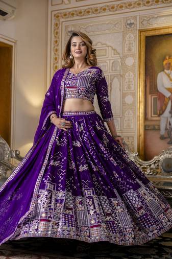 PURPLE SEQUINS THREAD EMBROIDERED GEORGETTE SEMI STITCHED LEHENGA