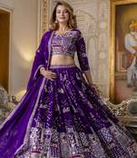 PURPLE SEQUINS THREAD EMBROIDERED GEORGETTE SEMI STITCHED LEHENGA