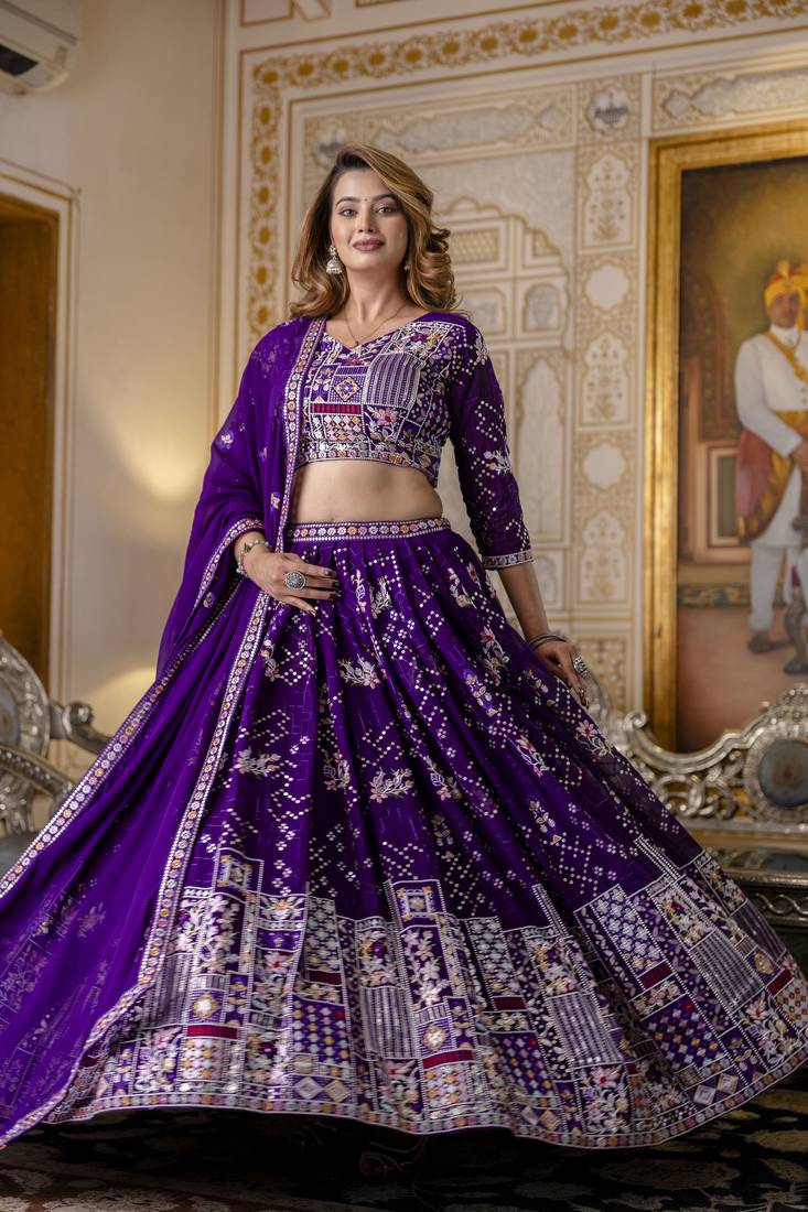 PURPLE SEQUINS THREAD EMBROIDERED GEORGETTE SEMI STITCHED LEHENGA