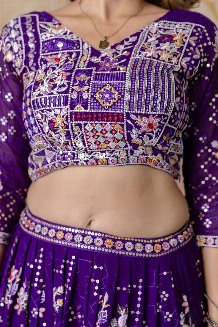 PURPLE SEQUINS THREAD EMBROIDERED GEORGETTE SEMI STITCHED LEHENGA