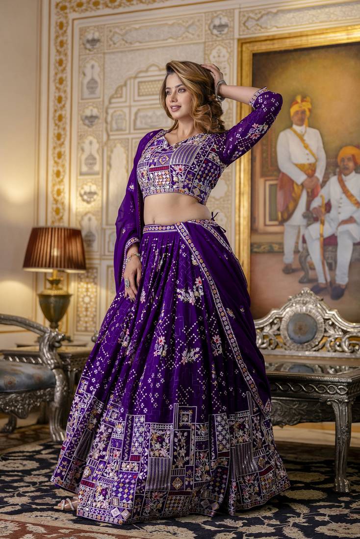 PURPLE SEQUINS THREAD EMBROIDERED GEORGETTE SEMI STITCHED LEHENGA