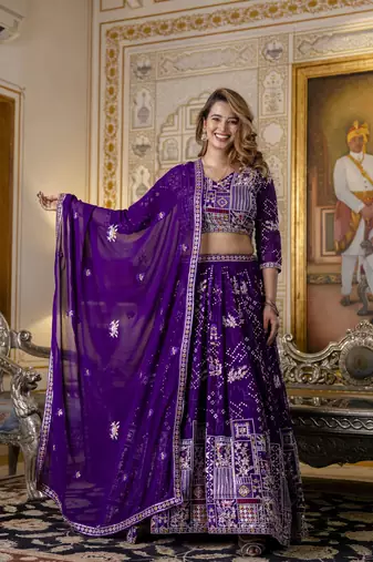 PURPLE SEQUINS THREAD EMBROIDERED GEORGETTE SEMI STITCHED LEHENGA