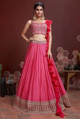 PINK DIGITAL PRINT EMBROIDERY CHINNON SILK SEMI STITCHED LEHENGA 1