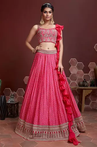 PINK DIGITAL PRINT EMBROIDERY CHINNON SILK SEMI STITCHED LEHENGA