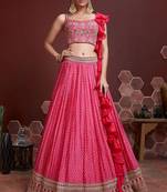 PINK DIGITAL PRINT EMBROIDERY CHINNON SILK SEMI STITCHED LEHENGA