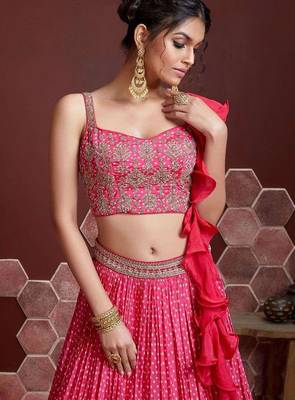 PINK DIGITAL PRINT EMBROIDERY CHINNON SILK SEMI STITCHED LEHENGA 2