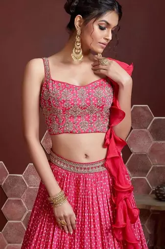 PINK DIGITAL PRINT EMBROIDERY CHINNON SILK SEMI STITCHED LEHENGA