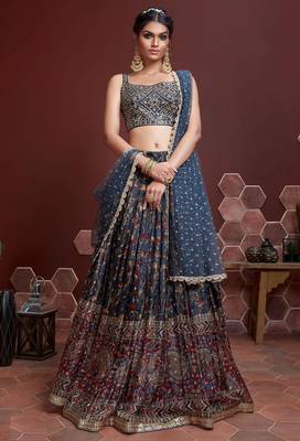 BLUE DIGITAL PRINT MIRROR EMBROIDERY CHINNON SILK SEMI STITCHED LEHENGA 1