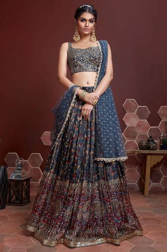 BLUE DIGITAL PRINT MIRROR EMBROIDERY CHINNON SILK SEMI STITCHED LEHENGA