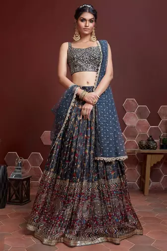 BLUE DIGITAL PRINT MIRROR EMBROIDERY CHINNON SILK SEMI STITCHED LEHENGA