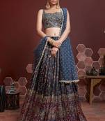 BLUE DIGITAL PRINT MIRROR EMBROIDERY CHINNON SILK SEMI STITCHED LEHENGA
