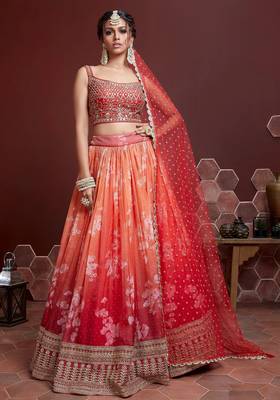 orange DIGITAL PRINT MIRROR EMBROIDERY ORGANZA SILK SEMI STITCHED LEHENGA 1