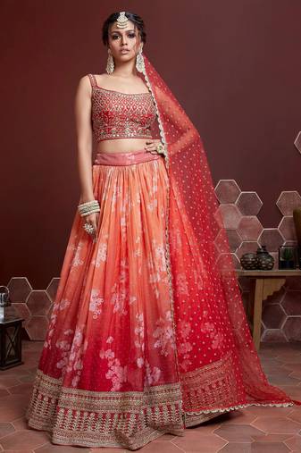 ORANGE DIGITAL PRINT AND EMBROIDERY WITH SAVROSKI & REAL MIRROR ORGANZA SILK FESTIVAL DESIGNER SEMI STITCHED LEHENGA