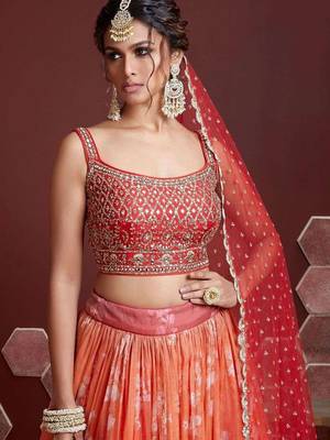 orange DIGITAL PRINT MIRROR EMBROIDERY ORGANZA SILK SEMI STITCHED LEHENGA 2