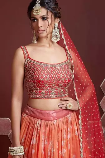 orange DIGITAL PRINT MIRROR EMBROIDERY ORGANZA SILK SEMI STITCHED LEHENGA