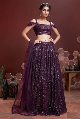 PURPLE SEQUINS EMBROIDERY SOFT NET SEMI STITCHED LEHENGA 1