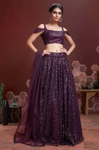 PURPLE SEQUINS EMBROIDERY SOFT NET SEMI STITCHED LEHENGA