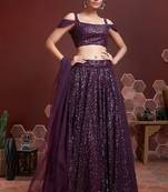 PURPLE SEQUINS EMBROIDERY SOFT NET SEMI STITCHED LEHENGA