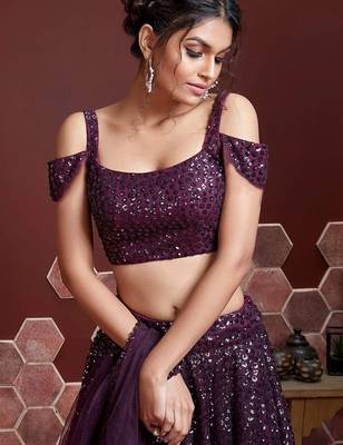 PURPLE SEQUINS EMBROIDERY SOFT NET SEMI STITCHED LEHENGA 2