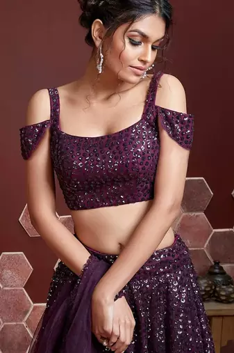 PURPLE SEQUINS EMBROIDERY SOFT NET SEMI STITCHED LEHENGA