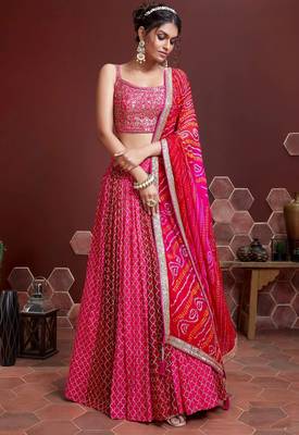 PINK DIGITAL PRINT SEQUINS MIRROR EMBROIDERY CHINNON SILK LEHENGA CHOLI 1