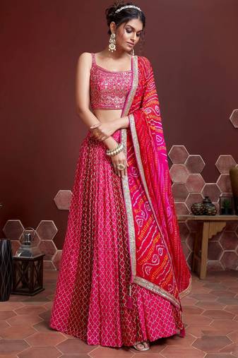 BEWITCHING PINK DIGITAL PRINT AND SEQUINS EMBROIDERY WITH REAL MIRROR CHINNON SILK FESTIVAL DESIGNER LEHENGA CHOLI
