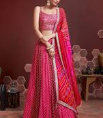 PINK DIGITAL PRINT SEQUINS MIRROR EMBROIDERY CHINNON SILK LEHENGA CHOLI