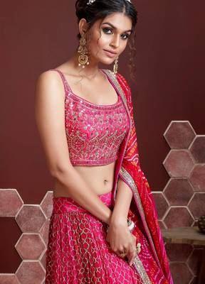 PINK DIGITAL PRINT SEQUINS MIRROR EMBROIDERY CHINNON SILK LEHENGA CHOLI 2