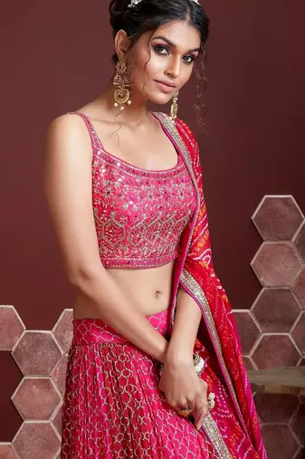 PINK DIGITAL PRINT SEQUINS MIRROR EMBROIDERY CHINNON SILK LEHENGA CHOLI