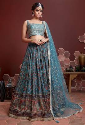 SKY BLUE DIGITAL PRINT MIRROR EMBROIDERY CHINNON SILK LEHENGA CHOLI 1