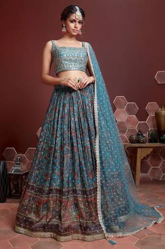 FETCHING SKY BLUE DIGITAL PRINT AND EMBROIDERY WITH REAL MIRROR CHINNON SILK FESTIVAL PARTY DESIGNER LEHENGA CHOLI