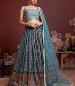 SKY BLUE DIGITAL PRINT MIRROR EMBROIDERY CHINNON SILK LEHENGA CHOLI