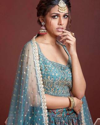 SKY BLUE DIGITAL PRINT MIRROR EMBROIDERY CHINNON SILK LEHENGA CHOLI 2