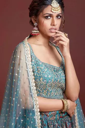 SKY BLUE DIGITAL PRINT MIRROR EMBROIDERY CHINNON SILK LEHENGA CHOLI