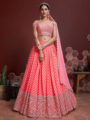 PEACH ZARI SEQUINS EMBROIDERed ORGANZA SILK SEMI STITCHED LEHENGA 1