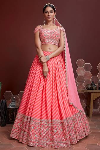 CAPTIVATING PEACH ZARI SEQUINS EMBROIDERY WORK ORGANZA SILK FESTIVAL PARTY DESIGNER WEDDING SEMI STITCHED LEHENGA