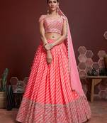 PEACH ZARI SEQUINS EMBROIDERed ORGANZA SILK SEMI STITCHED LEHENGA
